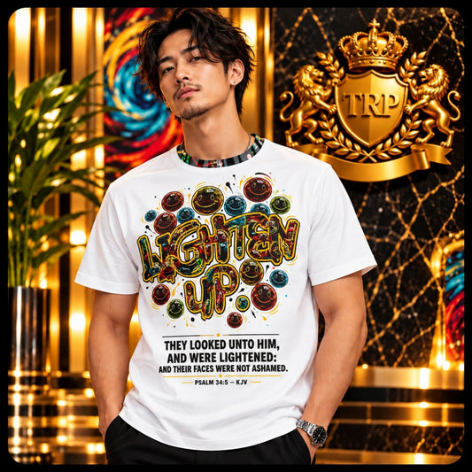 Male model wearing the Lighten Up Psalm 34:5 white cotton t-shirt with graffiti smiley faces in a luxury gold interior.