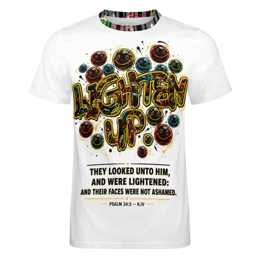 Front view of Lighten Up Psalm 34:5 men's white cotton t-shirt with colorful drip-style smiley faces and scripture text.