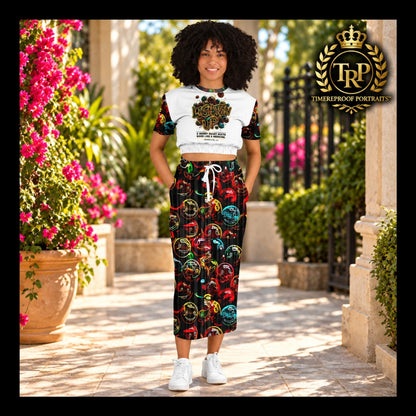 Model smiling in Lighten Up cropped sweatshirt and matching Proverbs 17:22 maxi skirt with hands in front pockets.