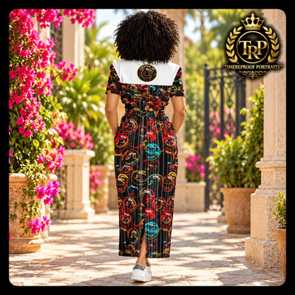 Back view of model walking in Lighten Up Medicine of the Merry Heart cropped top and split-hem maxi skirt.