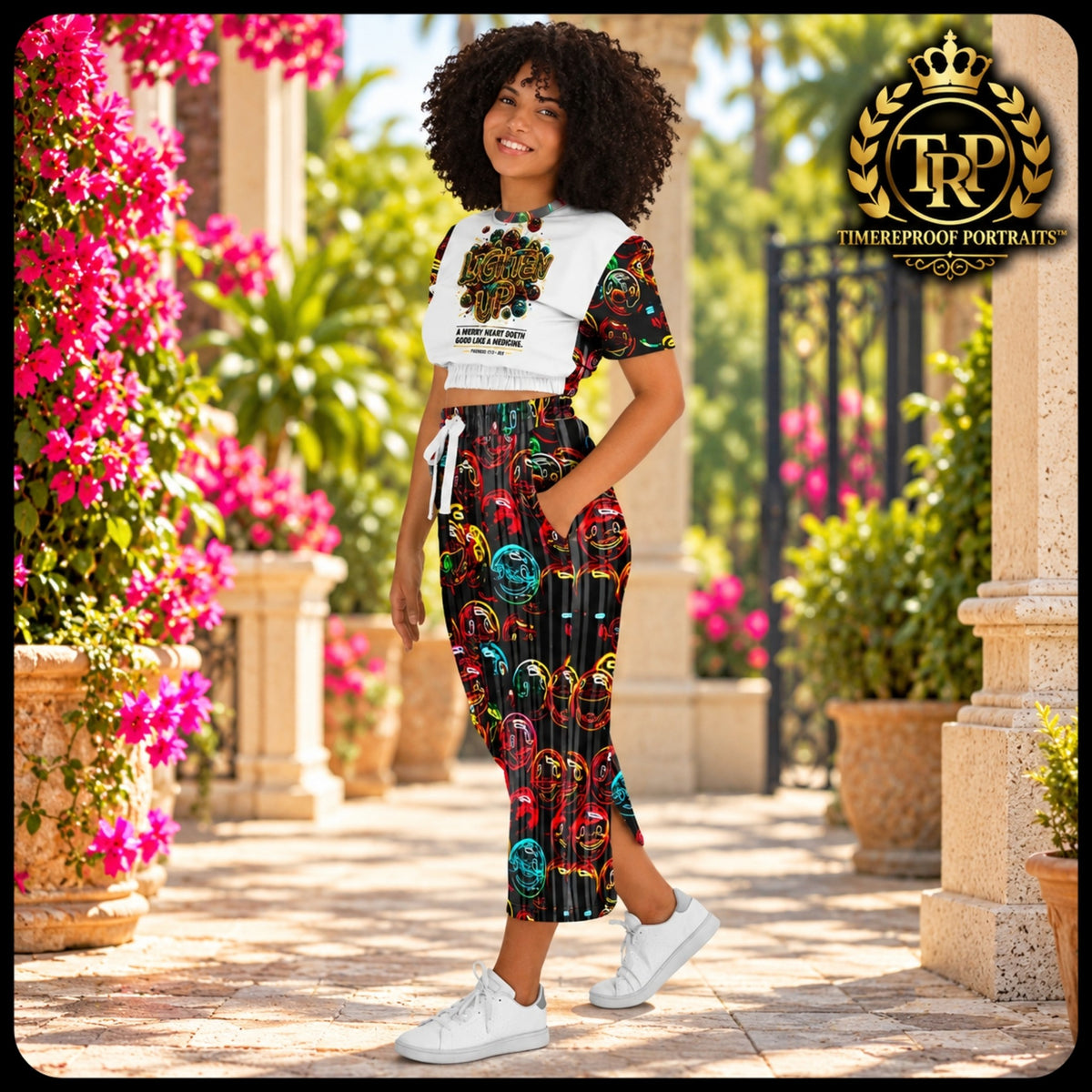 Side view of model standing in courtyard wearing the Lighten Up Proverbs 17:22 cropped sweatshirt and pocket maxi skirt set.