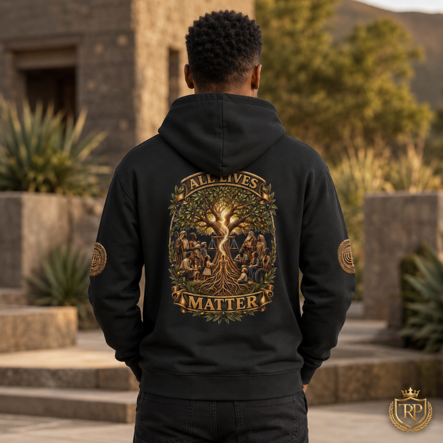Back view of the black zip hoodie showcasing the detailed All Lives Matter Tree of Life artwork.