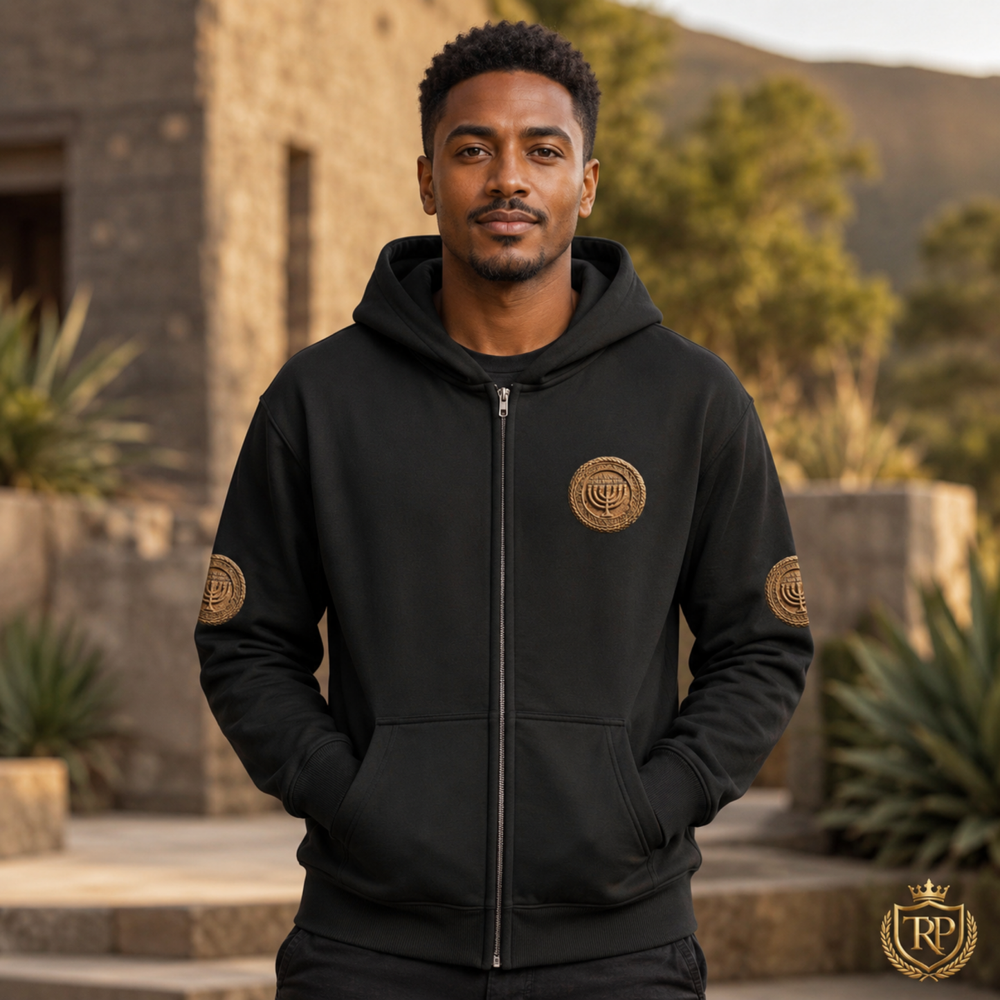 Front view of a man wearing the black relaxed faded zip hoodie featuring the Sevenfold Light chest emblem.