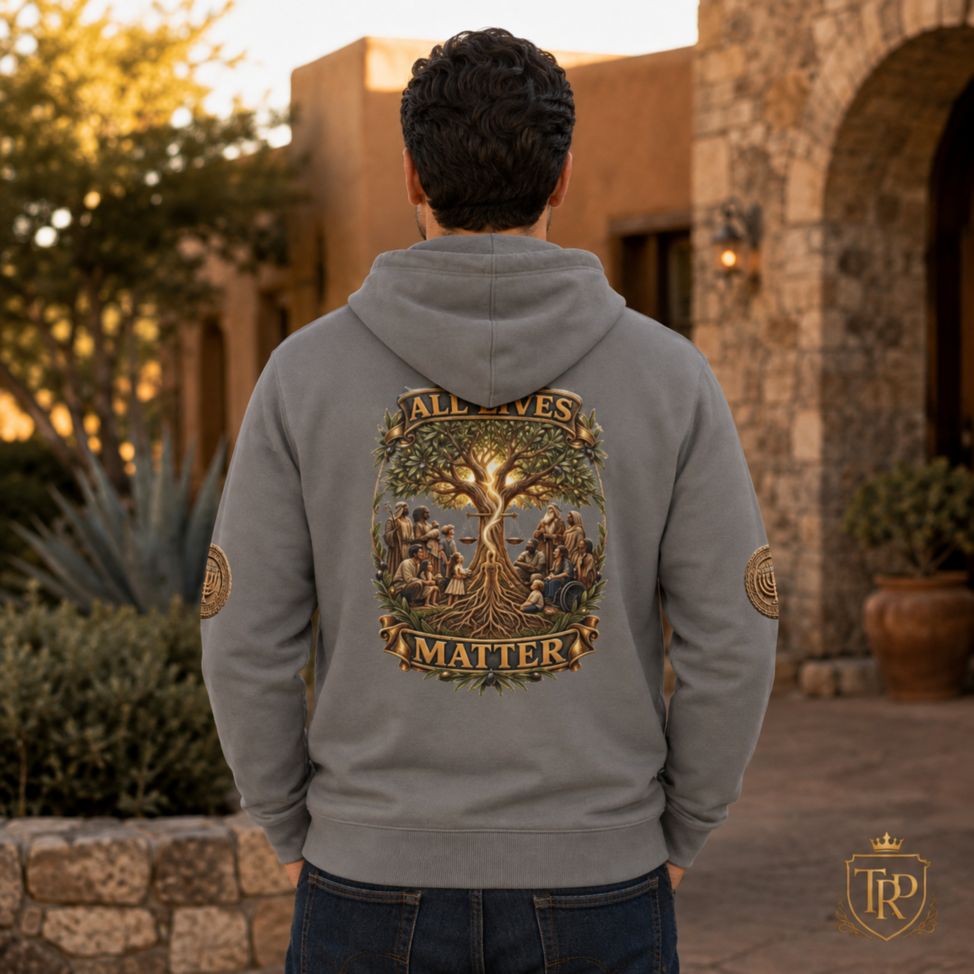 Back view of the grey relaxed zip hoodie featuring the All Lives Matter tree graphic and sleeve patches.