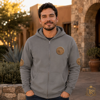 Front view of a man wearing the grey relaxed faded zip hoodie with the Sevenfold Light chest emblem.