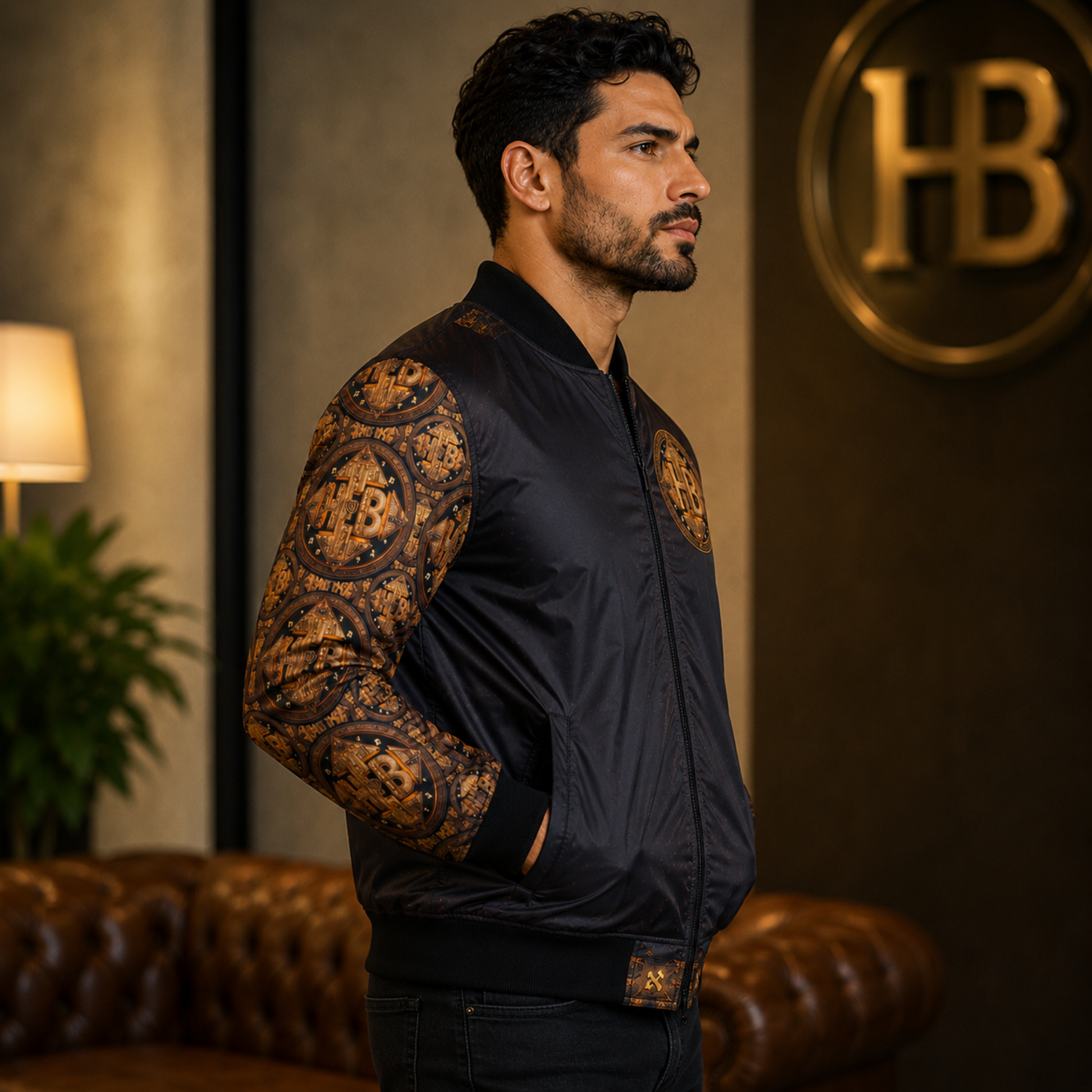 Side profile view of a man modeling the black bomber jacket, highlighting the detailed Hebrew-inspired gold geometric patterns along the sleeve.