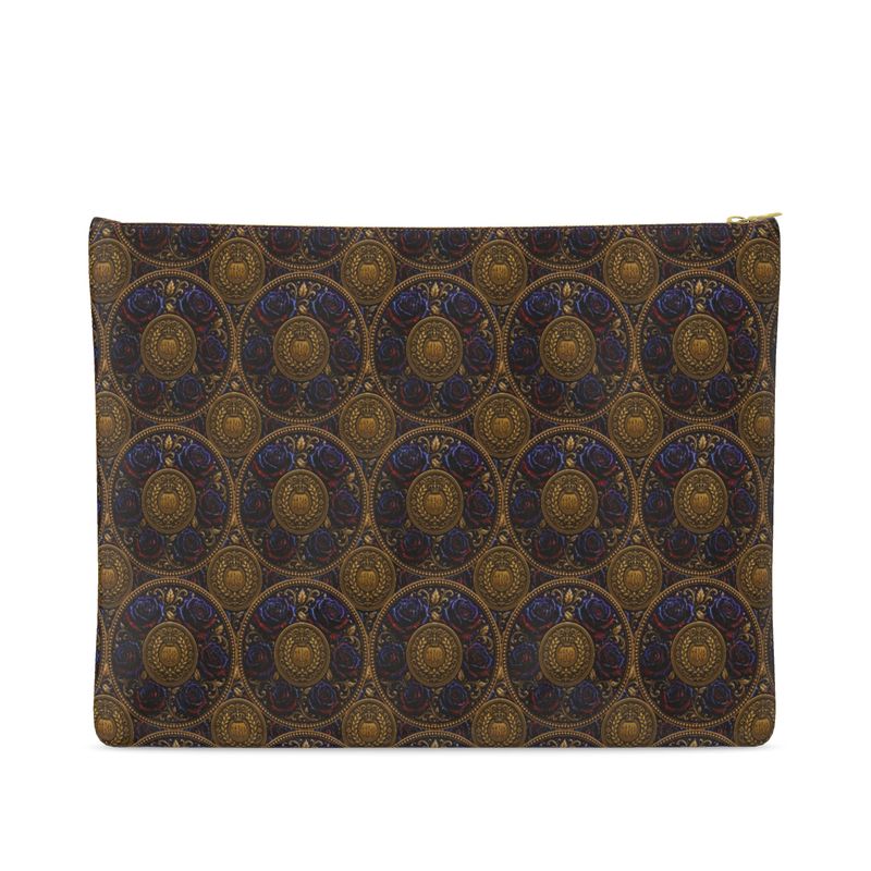 Back view of the large envelope clutch bag displaying the detailed Imperial Repeat pattern of gold crests and nocturnal blue-red roses.