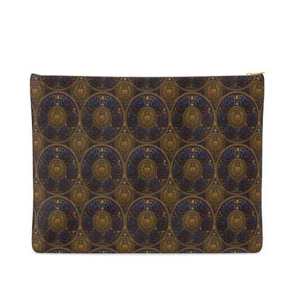 Back view of the large envelope clutch bag displaying the detailed Imperial Repeat pattern of gold crests and nocturnal blue-red roses.