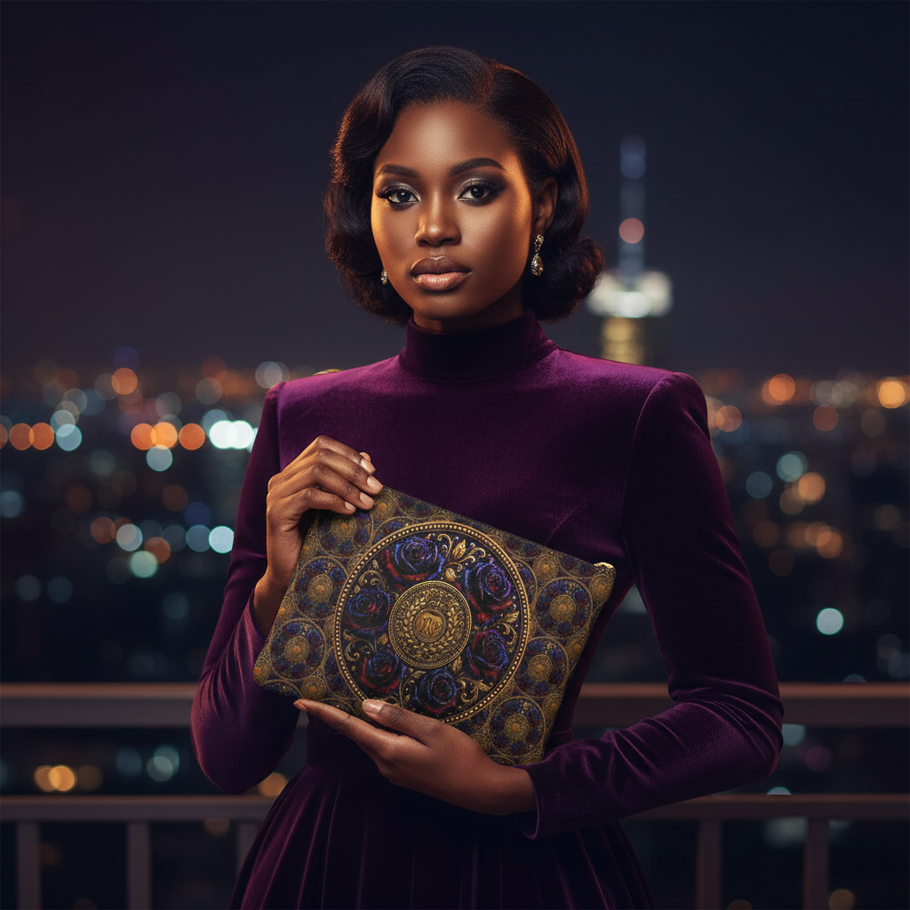 Woman in a purple mock-neck gown holding the smooth Nappa leather envelope clutch bag, showcasing its ornate rose and gold medallion pattern.