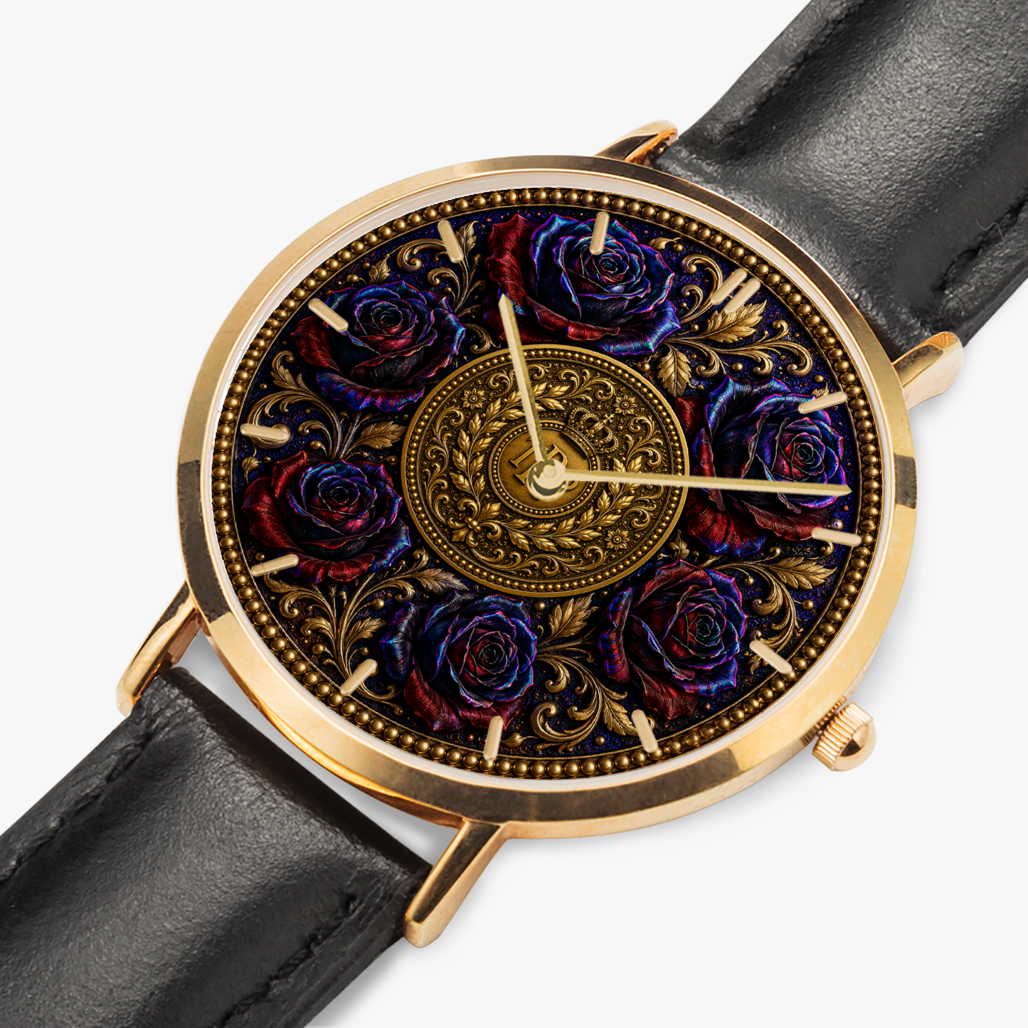 Angled close-up of the rose gold watch dial, highlighting the textured metallic indicators and embossed floral pattern with a black strap.