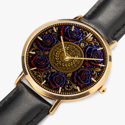 Angled close-up of the rose gold watch dial, highlighting the textured metallic indicators and embossed floral pattern with a black strap.