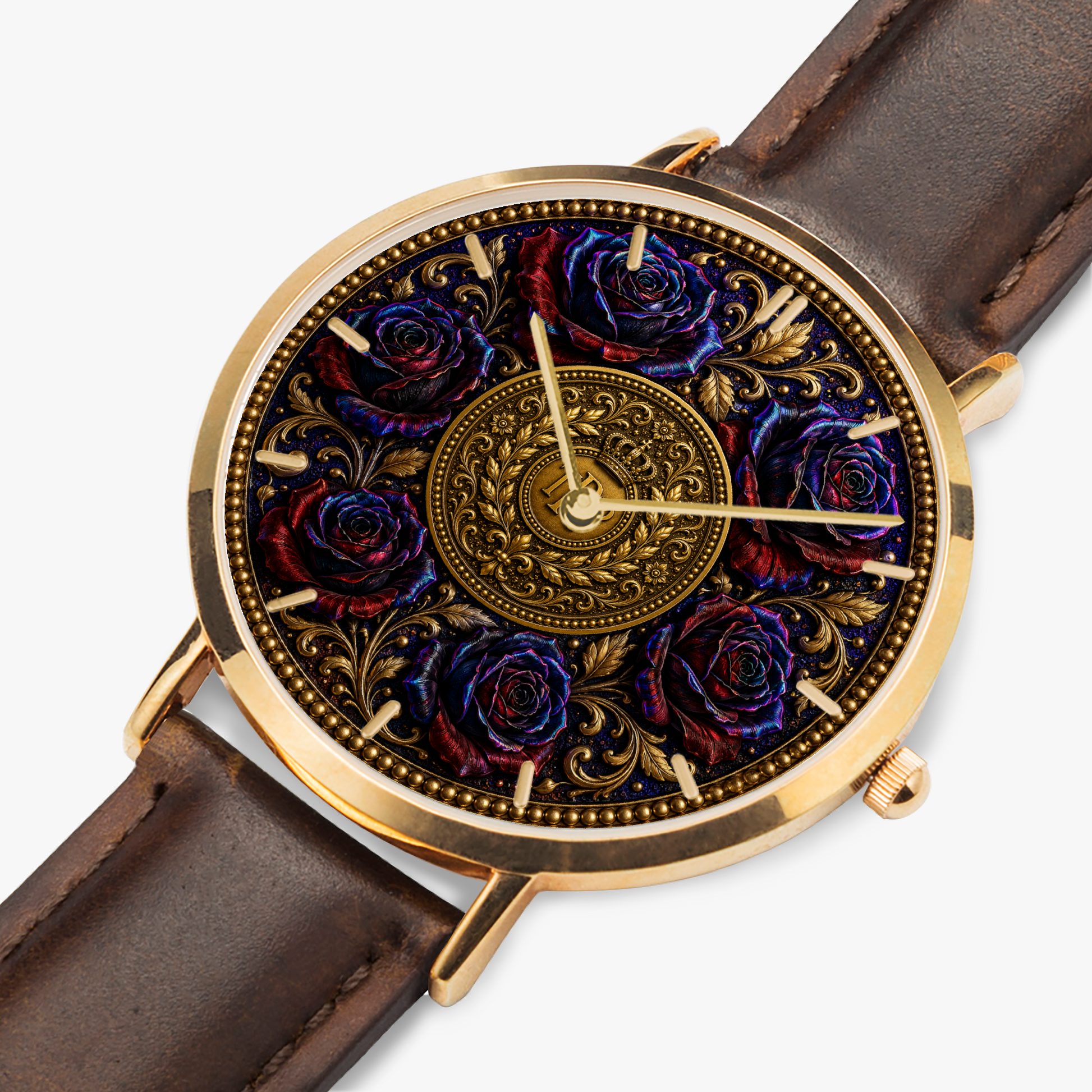 Close-up of the ultra-thin rose gold watch face showing embossed blue and purple roses around a detailed gold signature medallion center.