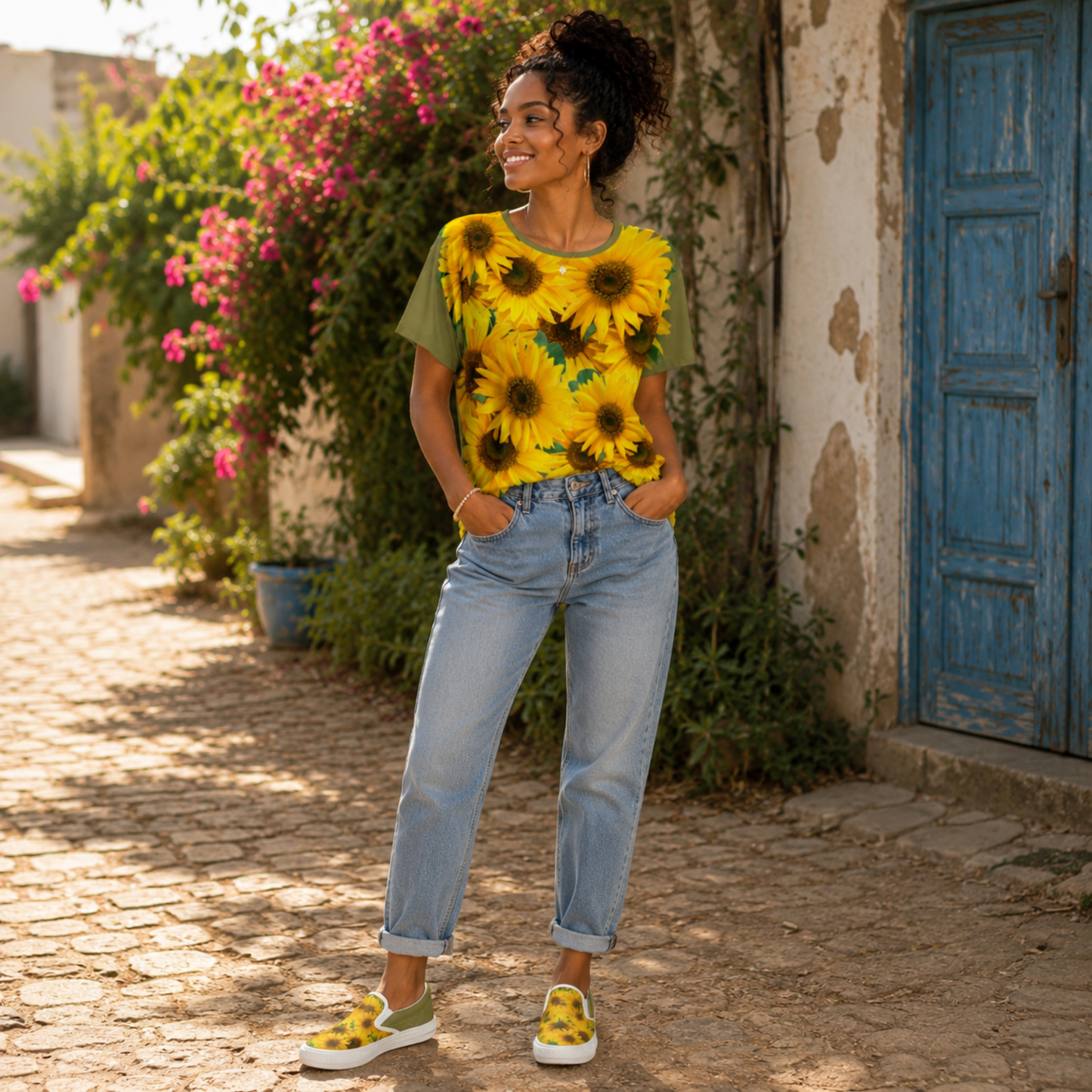 A woman posing on a cobblestone path wearing an old moss green-trimmed sunflower-print top and TRP Sunflowers in Symmetry women's slip-on canvas shoes.