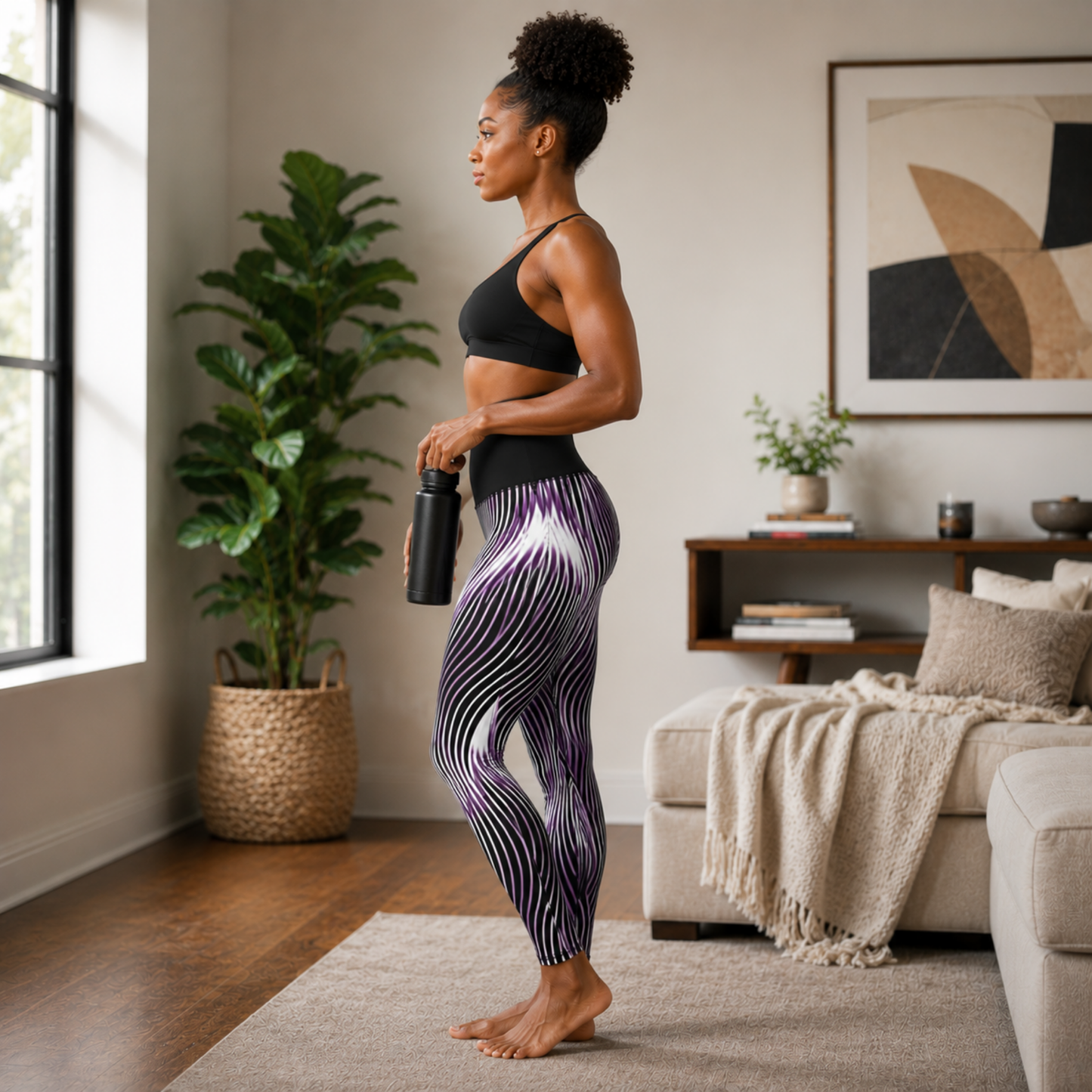 Profile view of a woman wearing the high-waisted Orot Series purple and black optical illusion leggings.