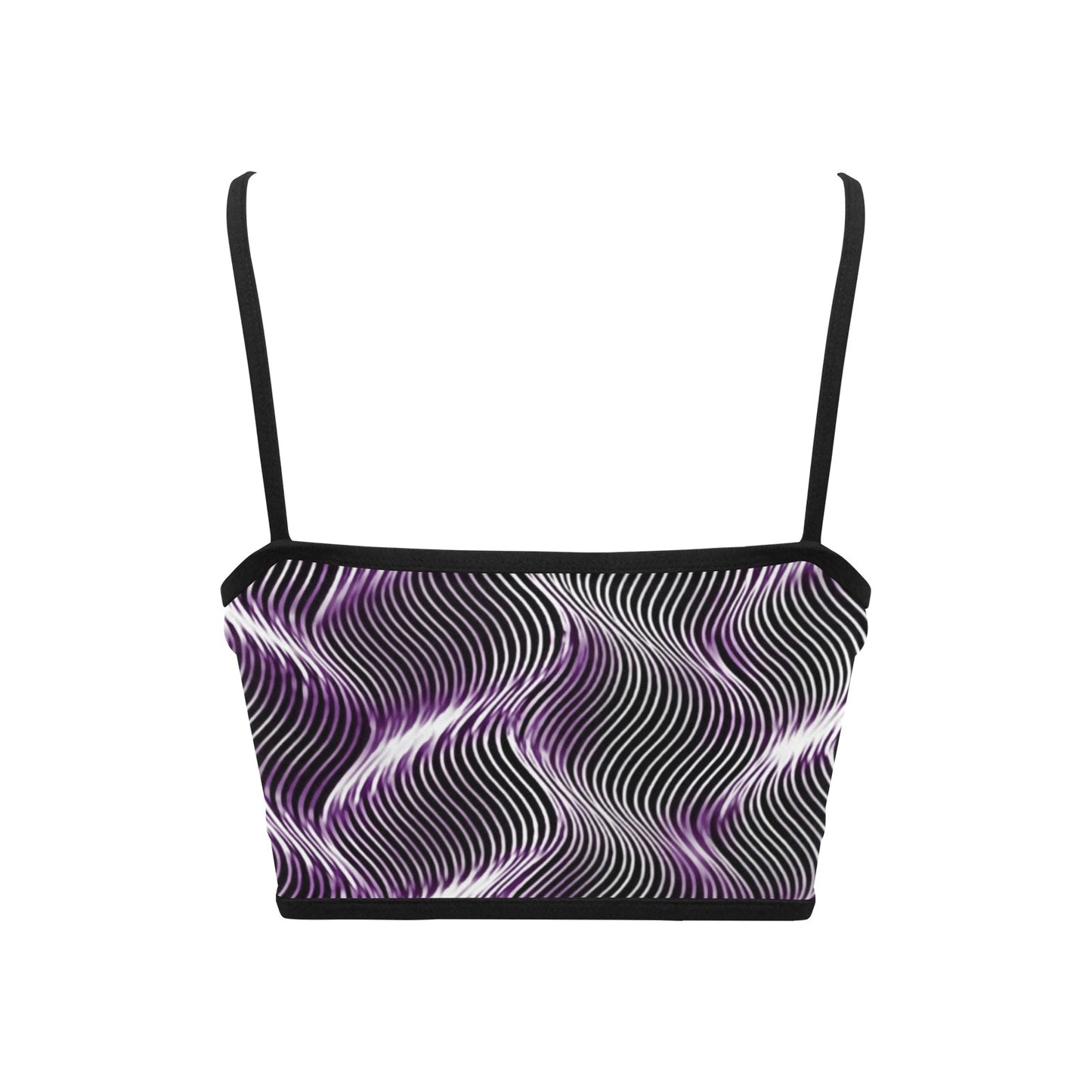 Studio product shot of the Or Argaman crop top back, featuring the continuous purple and black wavy lines and thin black straps.