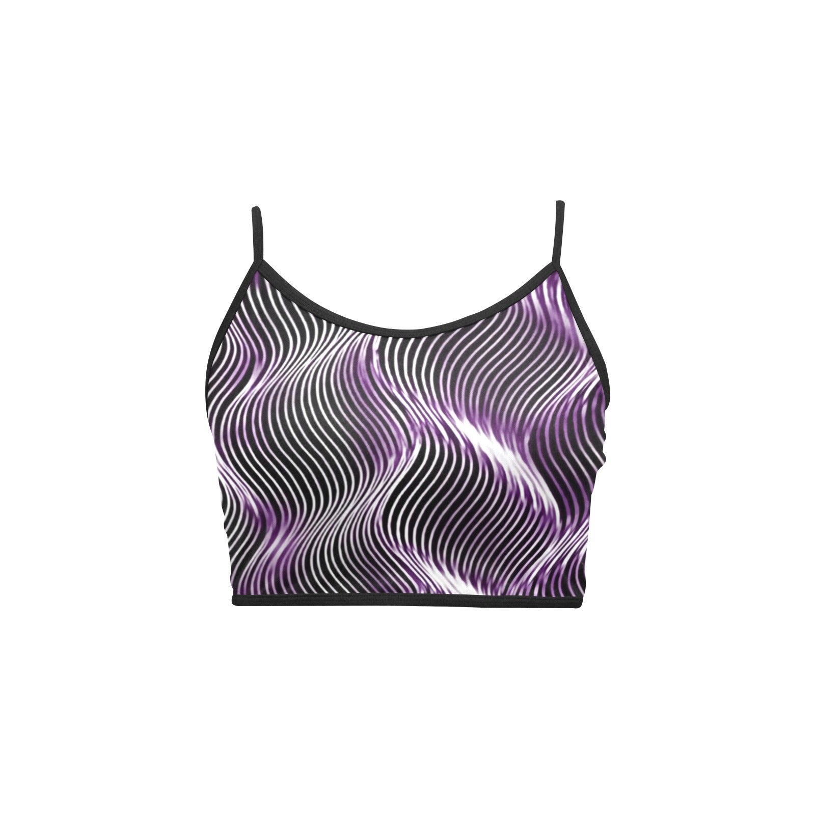 Studio product shot of the Or Argaman crop top front, highlighting the vibrant purple and black optical illusion wave design.
