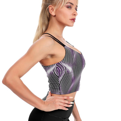 Side profile view of the Orot Argaman royal light purple cropped open-back yoga top showing the fit along the torso.
