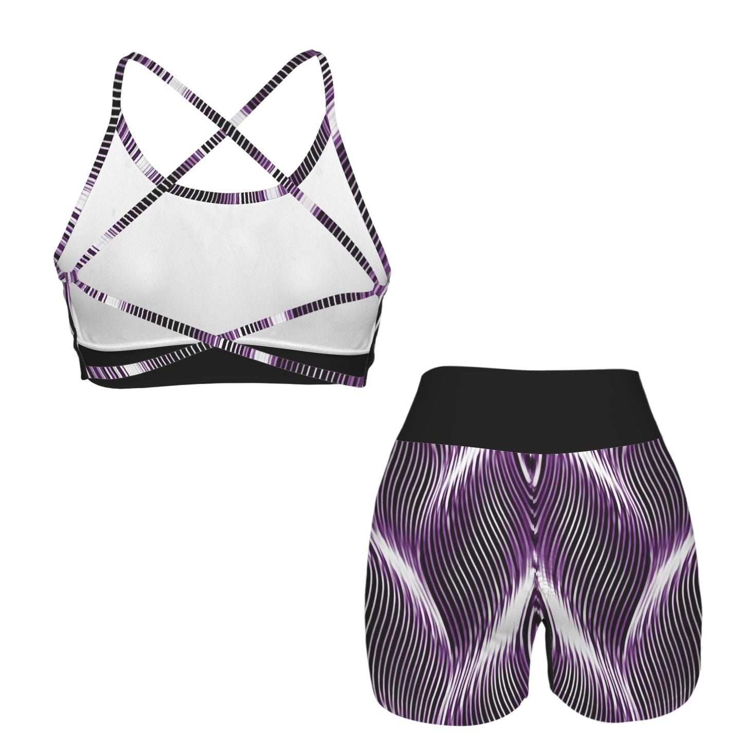 Back product display showing the cross-back string design of the Or Argaman purple athletic top and high-waisted shorts.