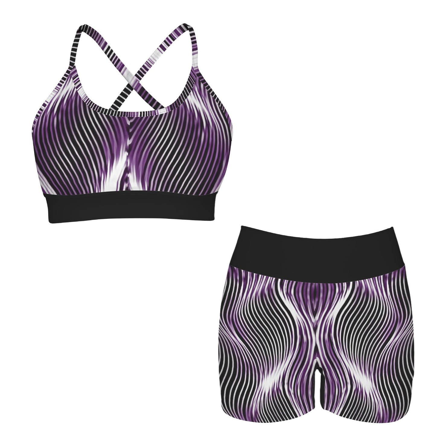 Front product display of the Or Argaman purple, black, and white wave-patterned sports bra and shorts set on a white background.