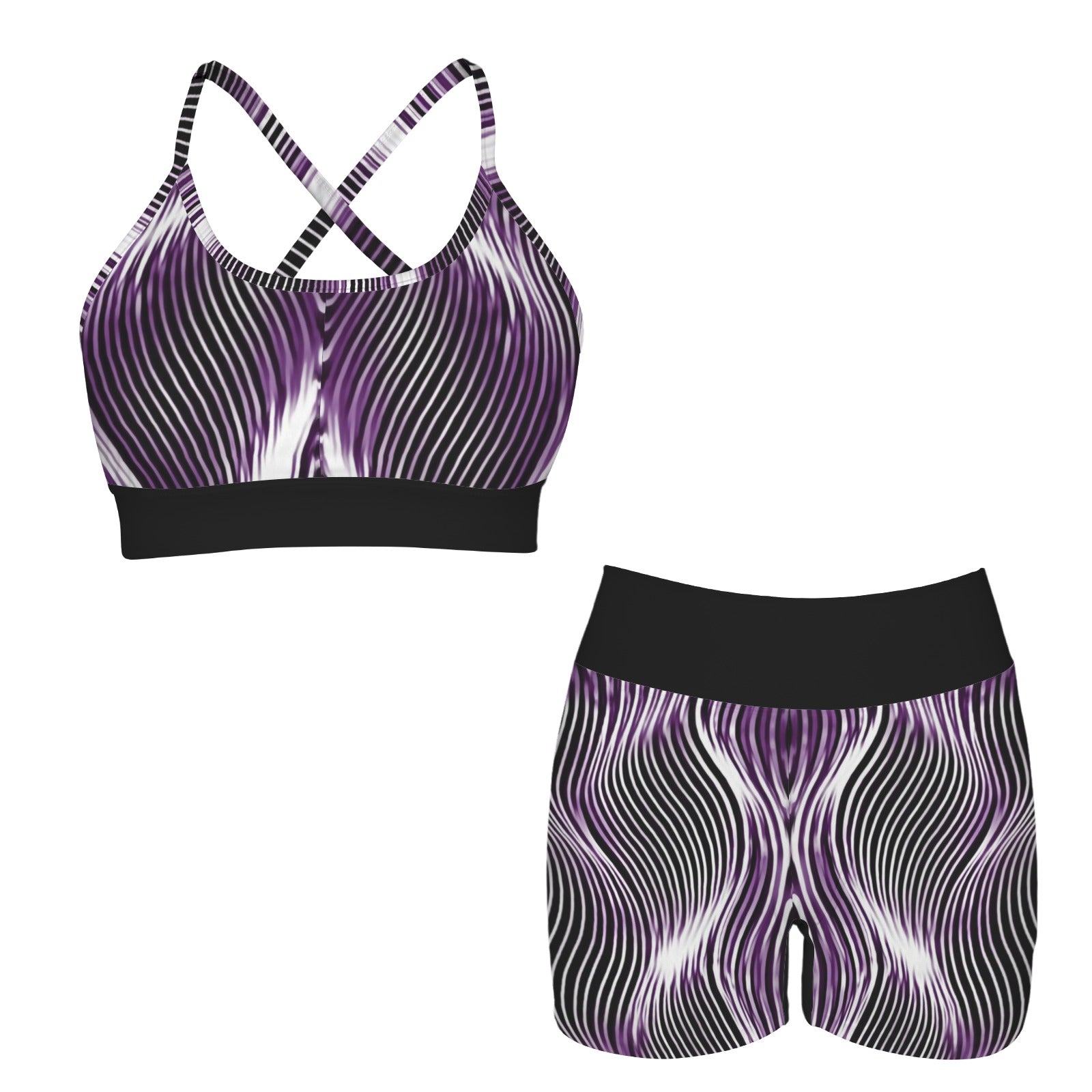 Front product display of the Or Argaman purple, black, and white wave-patterned sports bra and shorts set on a white background.
