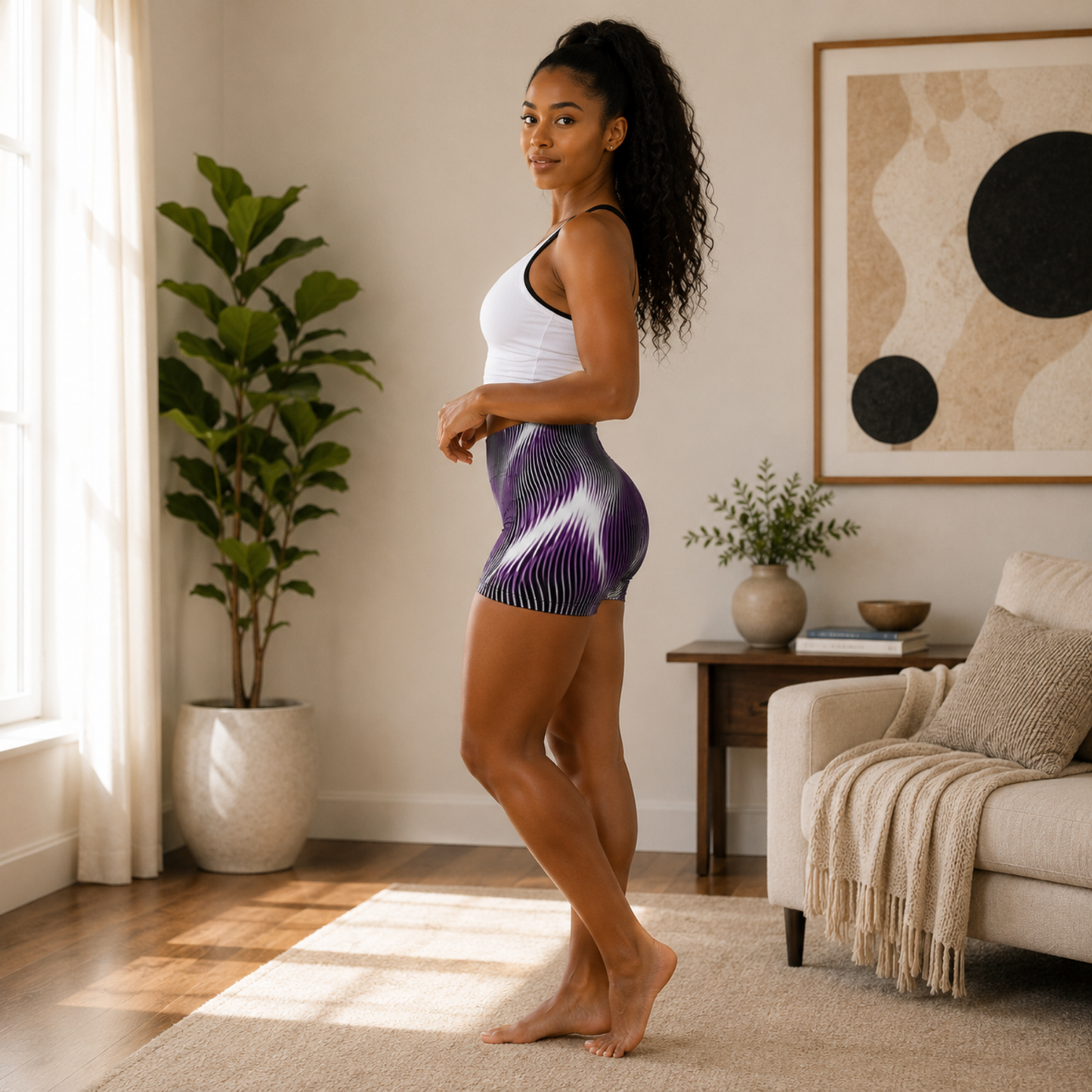 Left profile view of a woman modeling the Orot Series OR ARGAMAN royal light purple legging shorts featuring a distorted wavy line pattern.