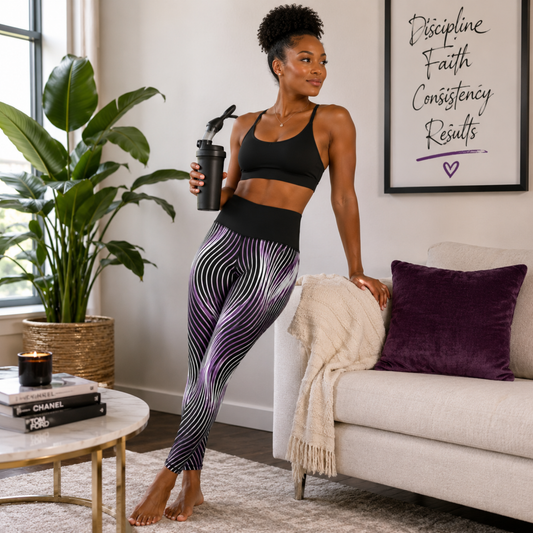 Woman in Orot Series OR ARGAMAN purple wavy lines leggings leaning on a couch holding a water bottle.