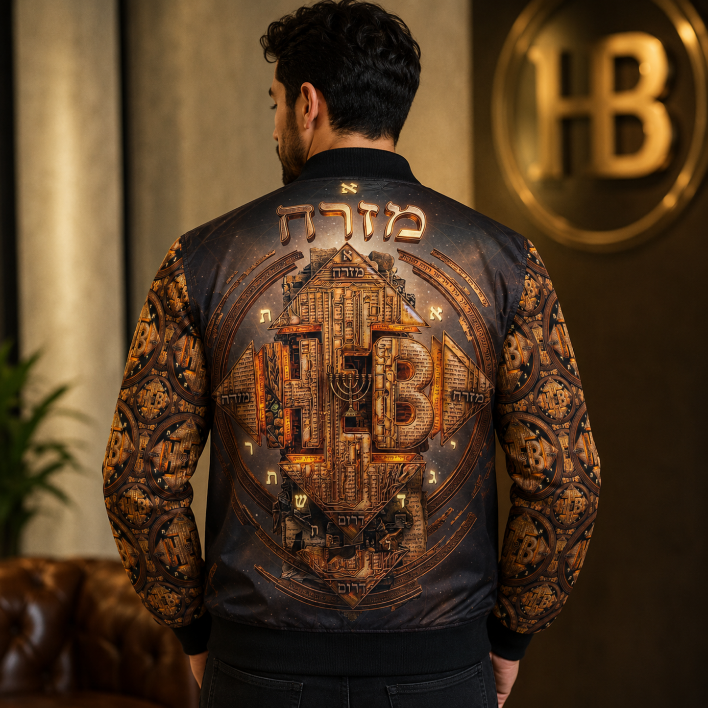 Full back view of a man wearing the bomber jacket, showcasing the large, intricate gold mandala design and prominent Hebrew typography.