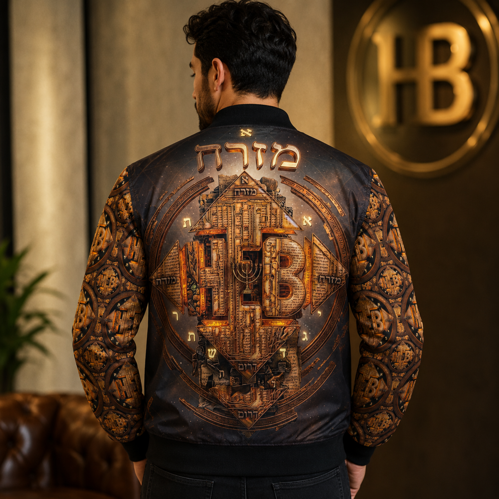 Full back view of a man wearing the bomber jacket, showcasing the large, intricate gold mandala design and prominent Hebrew typography.