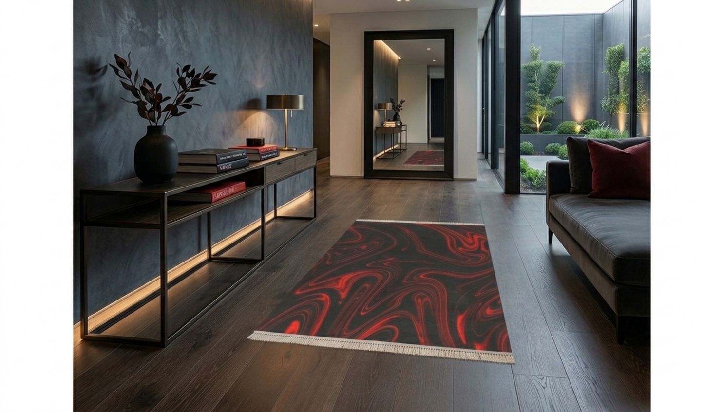 A red and black marbled runner rug on dark hardwood floors in a luxury hallway featuring a sleek console table, large mirror, and glass walls.