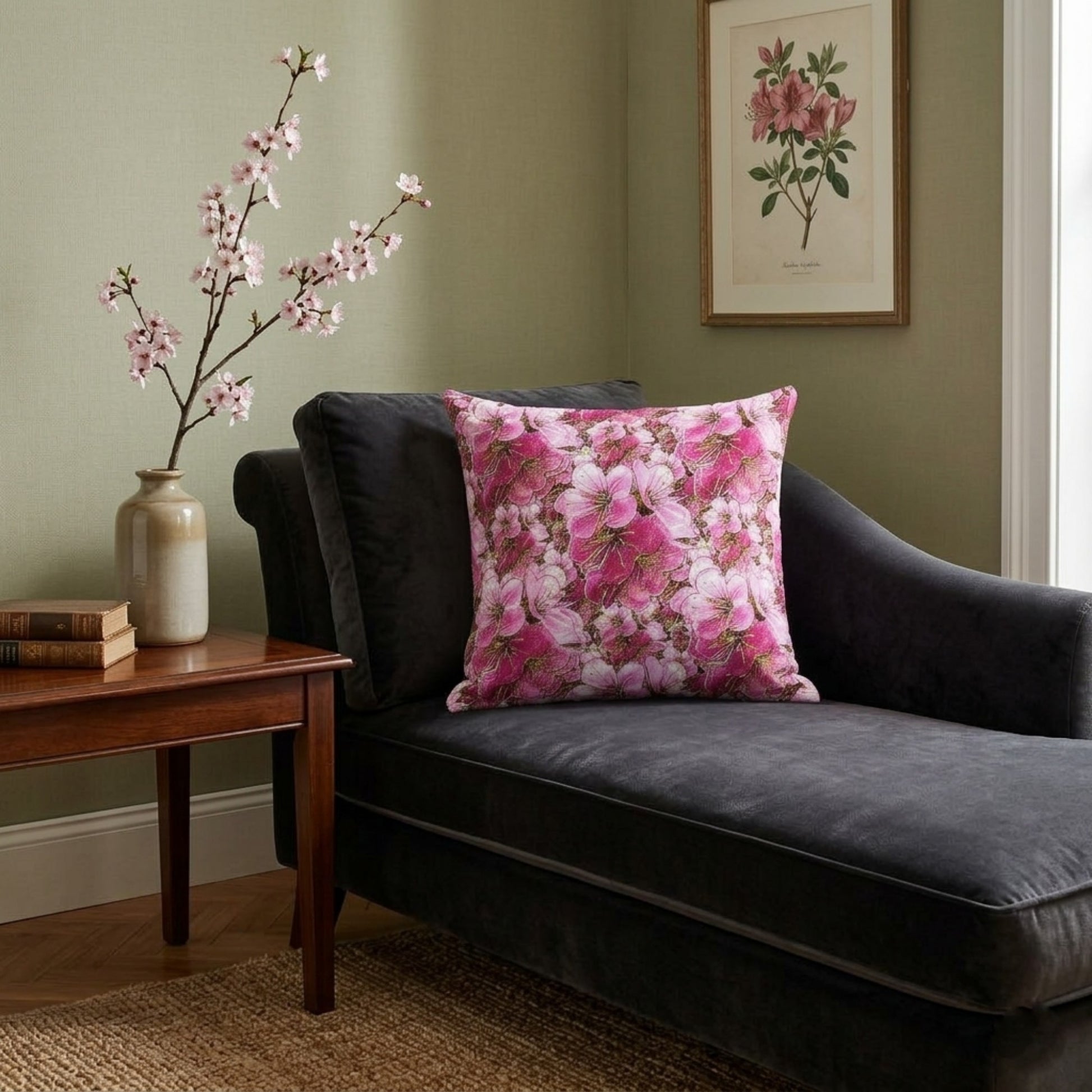 A pink cherry blossom patterned pillow rests on a dark gray velvet chaise lounge in a room with sage green walls and botanical artwork.