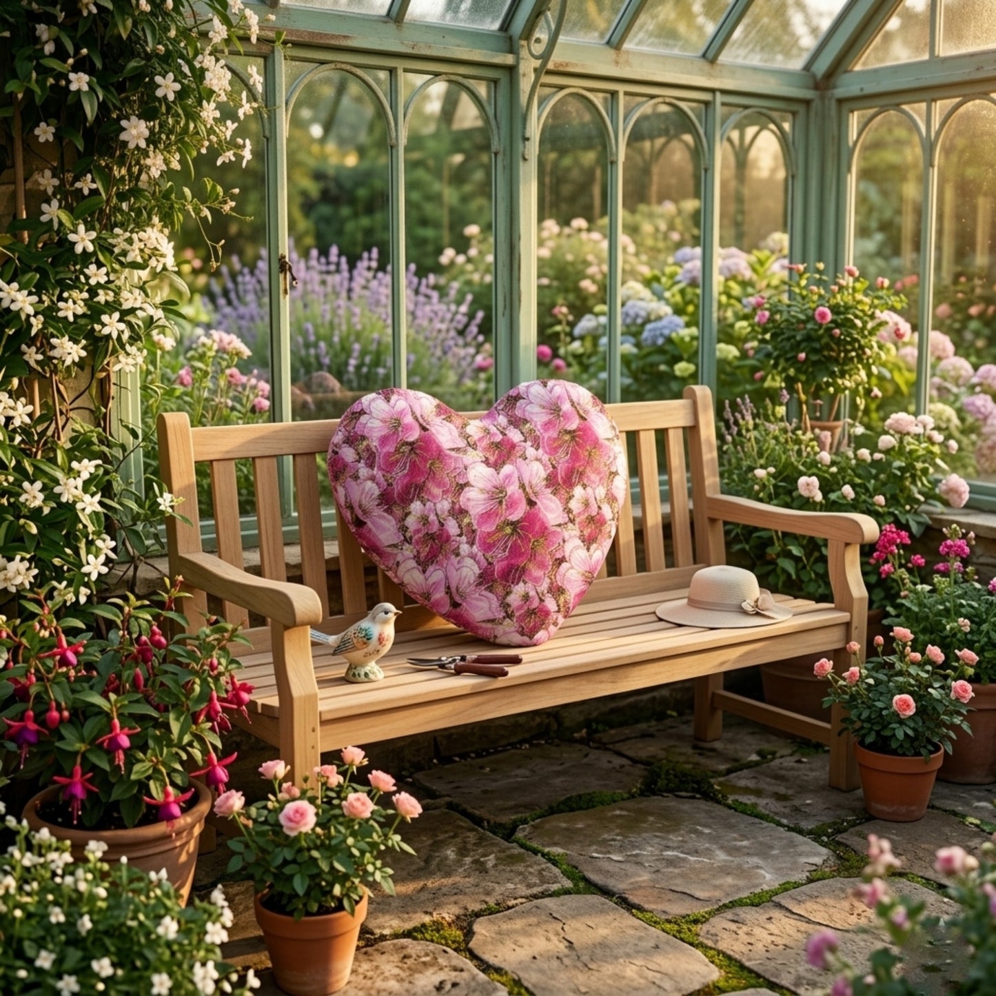 A heart-shaped pillow with pink floral patterns sits on a wooden garden bench inside a sunlit greenhouse filled with potted plants and flowers.