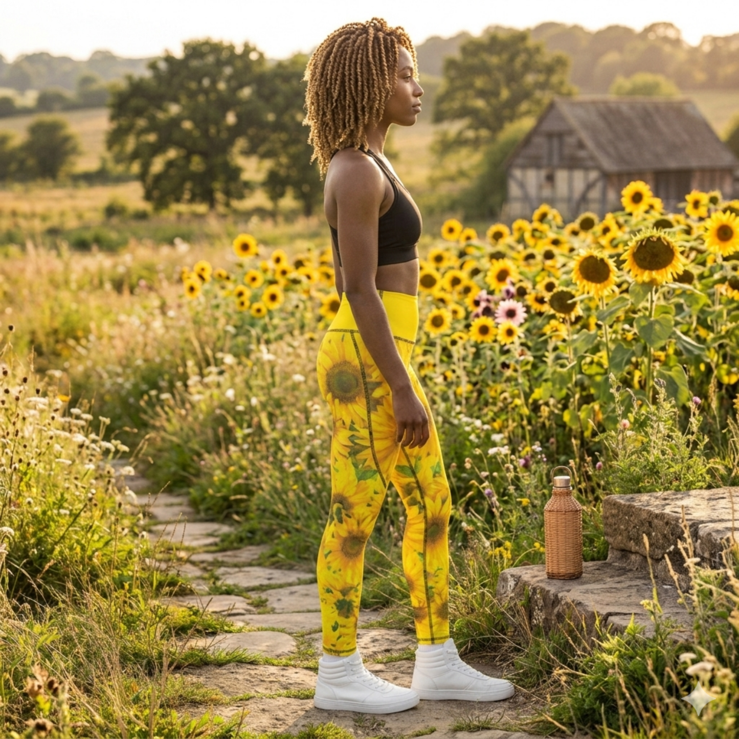 Right-side profile view of a woman standing on a stone path in a blooming sunflower field, wearing yellow sunflower-print leggings with a cyber yellow waistband and a black sports bra.