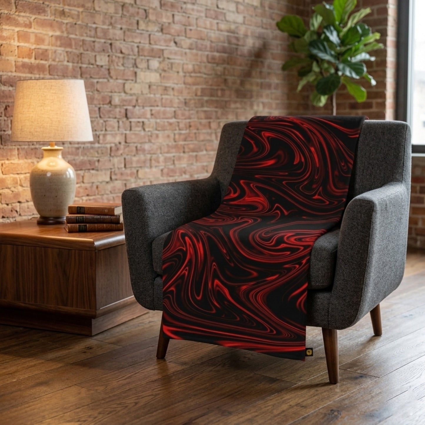 A black and red swirl pattern blanket draped over a grey mid-century modern armchair in a room with an exposed brick wall and a wooden side table.