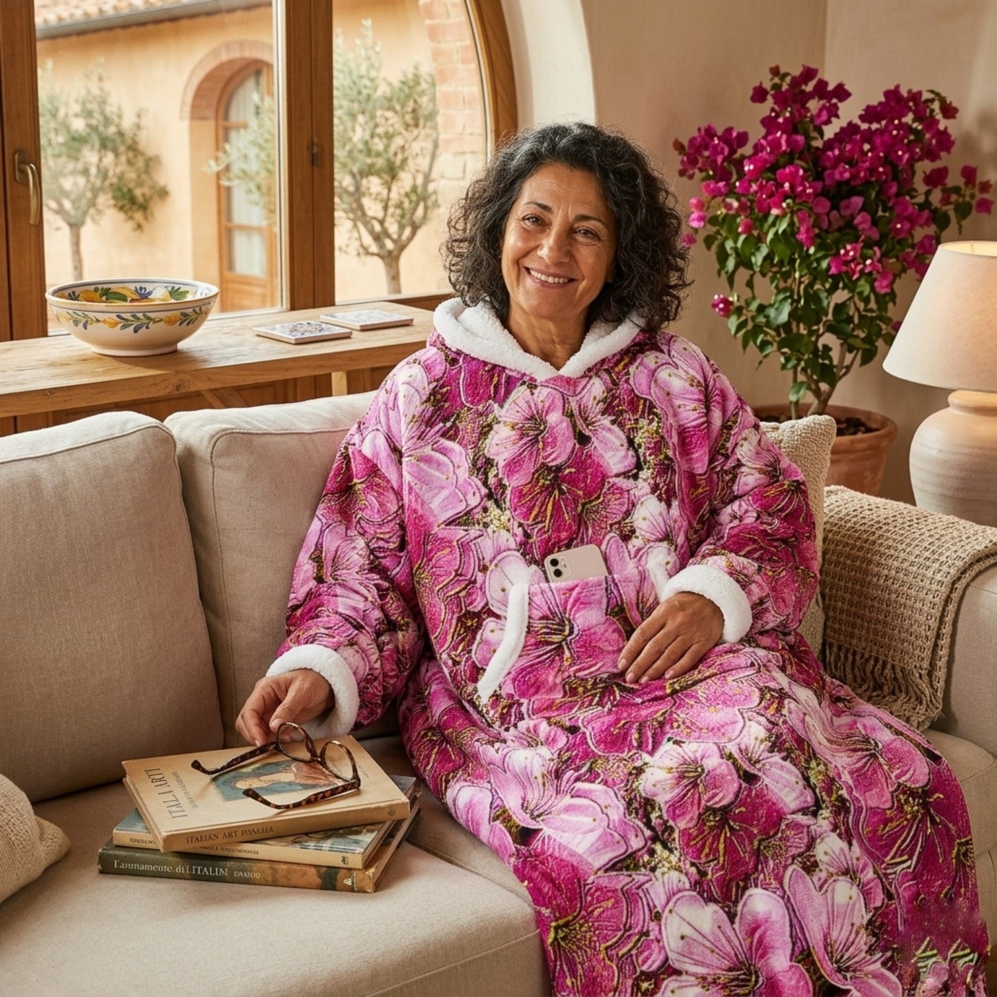 A smiling Italian woman lounges on a sofa wearing a pink floral wearable blanket, surrounded by rustic decor, books, and vibrant bougainvillea plants.