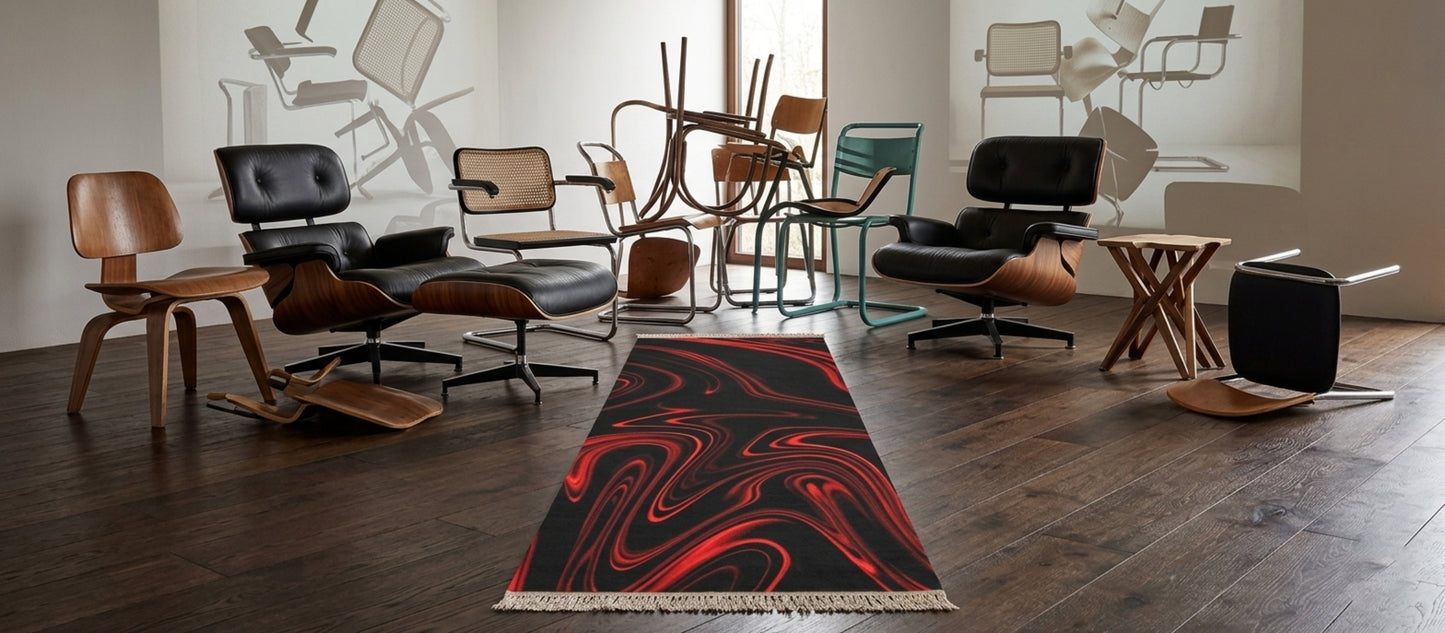 A 9.5x2.1 ft runner rug with a black and red liquid swirl pattern sits on a dark wood floor, surrounded by various mid-century modern chairs in a minimalist room.
