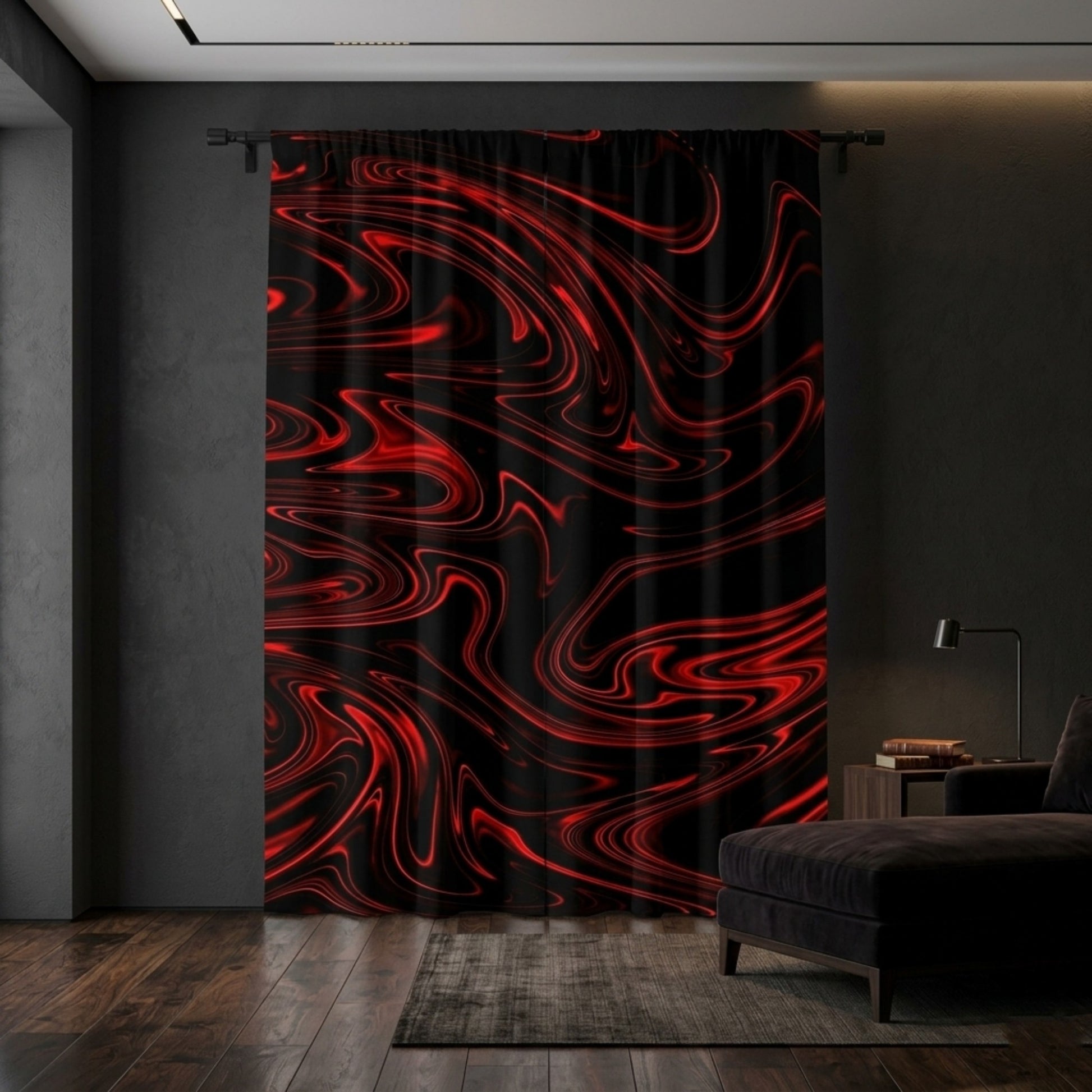 A wide view of the same red and black swirl curtains in a moody interior with a dark chaise lounge and a small rug.