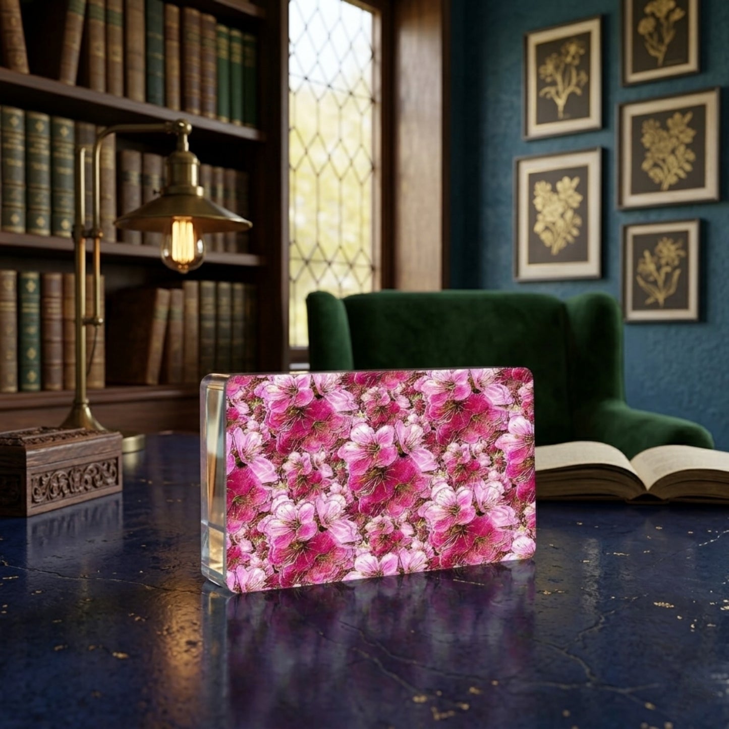 Decorative pink floral glass block on a dark surface with bookshelf and chair in the background