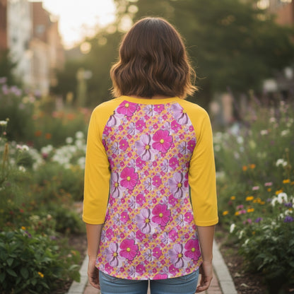 TRP Floral Prints (05): Classic Garden Cosmos (01) | Round-Neck Three-Quarter-Sleeve T-Shirt