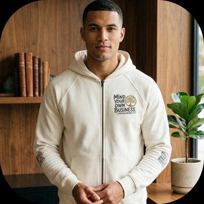 "Mind Your Own Business" (01-02) | Unisex Heavyweight Fleece Raglan Zip Hoodie | 2 colors