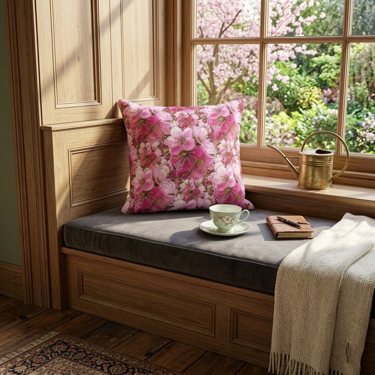 A pink floral pillow on a gray window seat cushion in a sunlit wooden nook, next to a teacup, journal, and watering can overlooking a blooming garden.