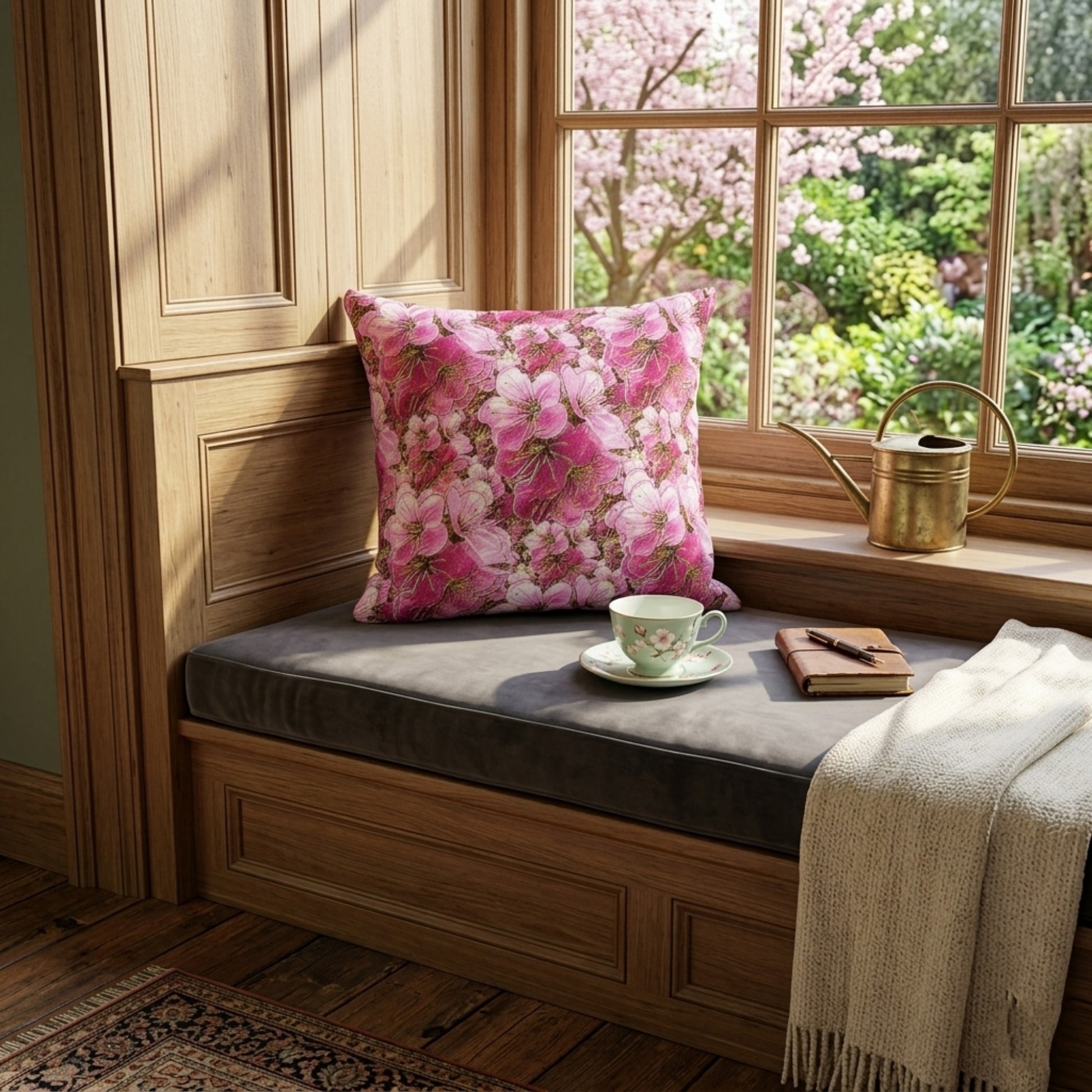 A pink floral pillow on a gray window seat cushion in a sunlit wooden nook, next to a teacup, journal, and watering can overlooking a blooming garden.