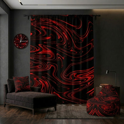 A dark room featuring a matching red marble decor set, including curtains, a wall clock, a throw pillow, and a bean bag chair.