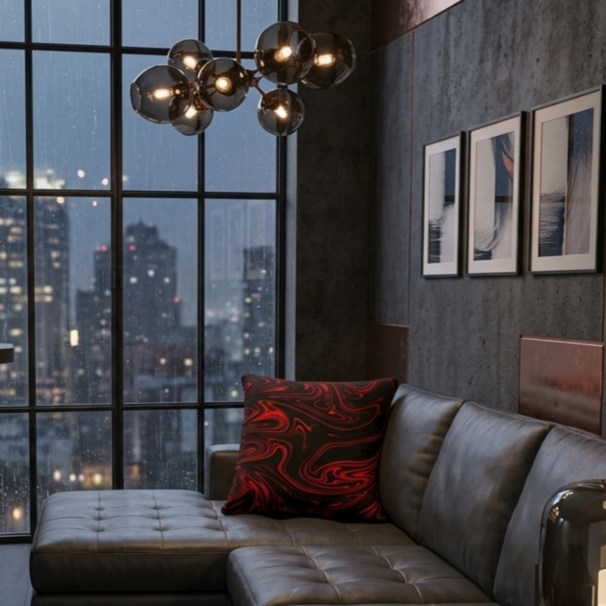A modern industrial living room with a black leather sectional, a glass globe chandelier, and a black and red marble-patterned pillow on the sofa.