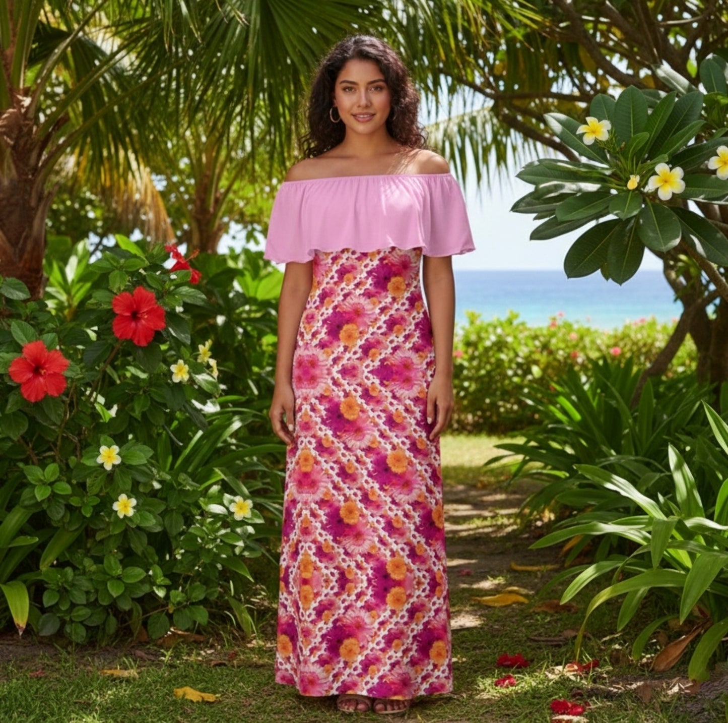 TRP Floral Prints (06): Elegant Gerbera Daisies (01–01) | Off-Shoulder Wrap Maxi Dress