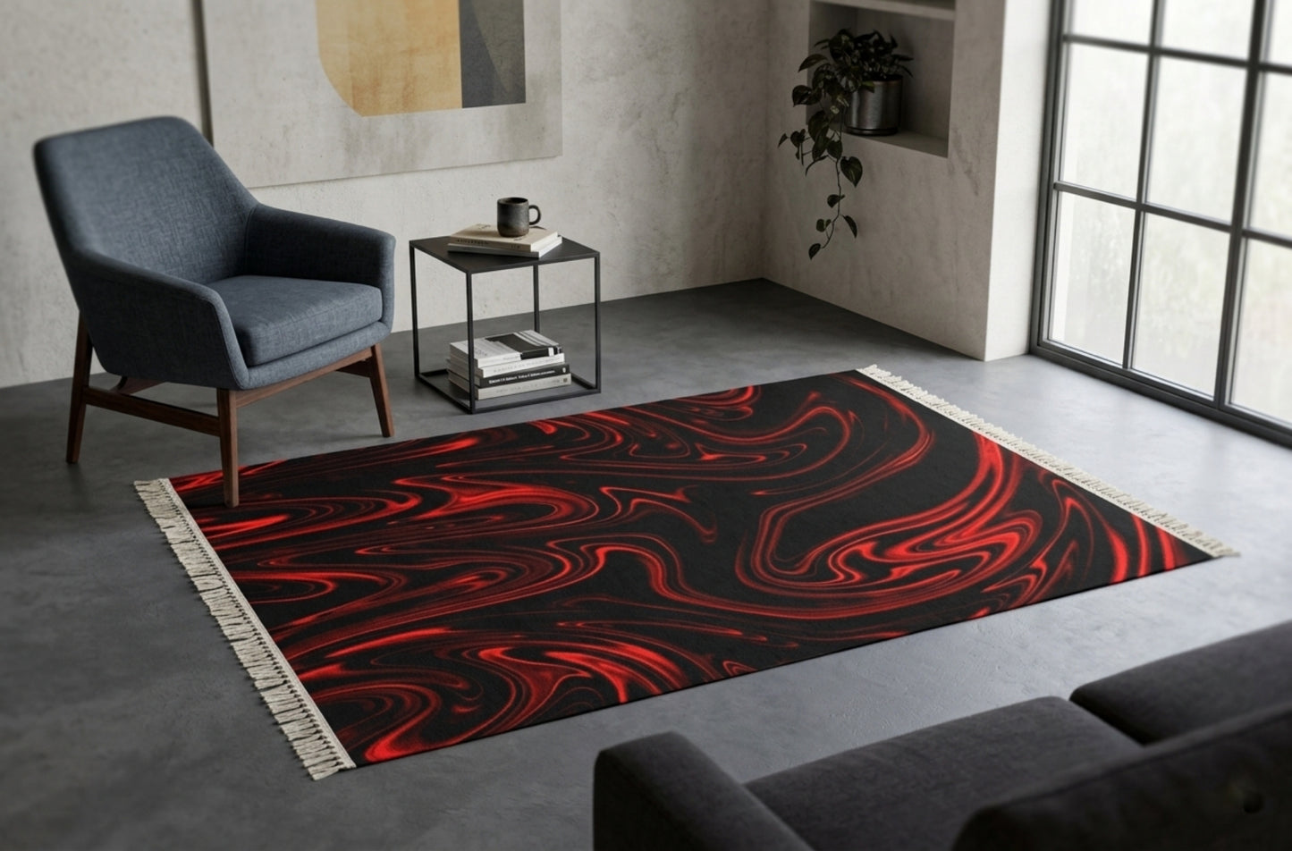 A black rug with a red liquid marble pattern sits on a concrete floor in a bright room with a blue armchair, side table, and large window.