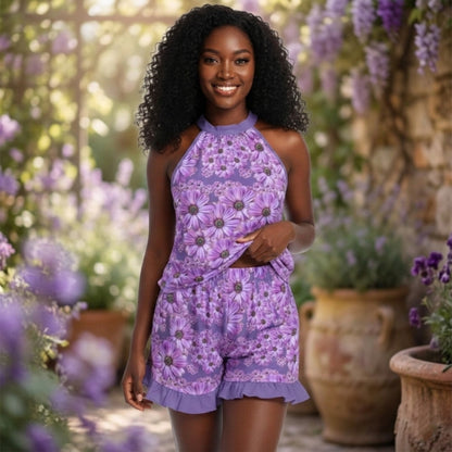 TRP Floral Prints (07): Vibrant African Daisies | Tie-Neck Halter Top & Ruffle-Hem Shorts