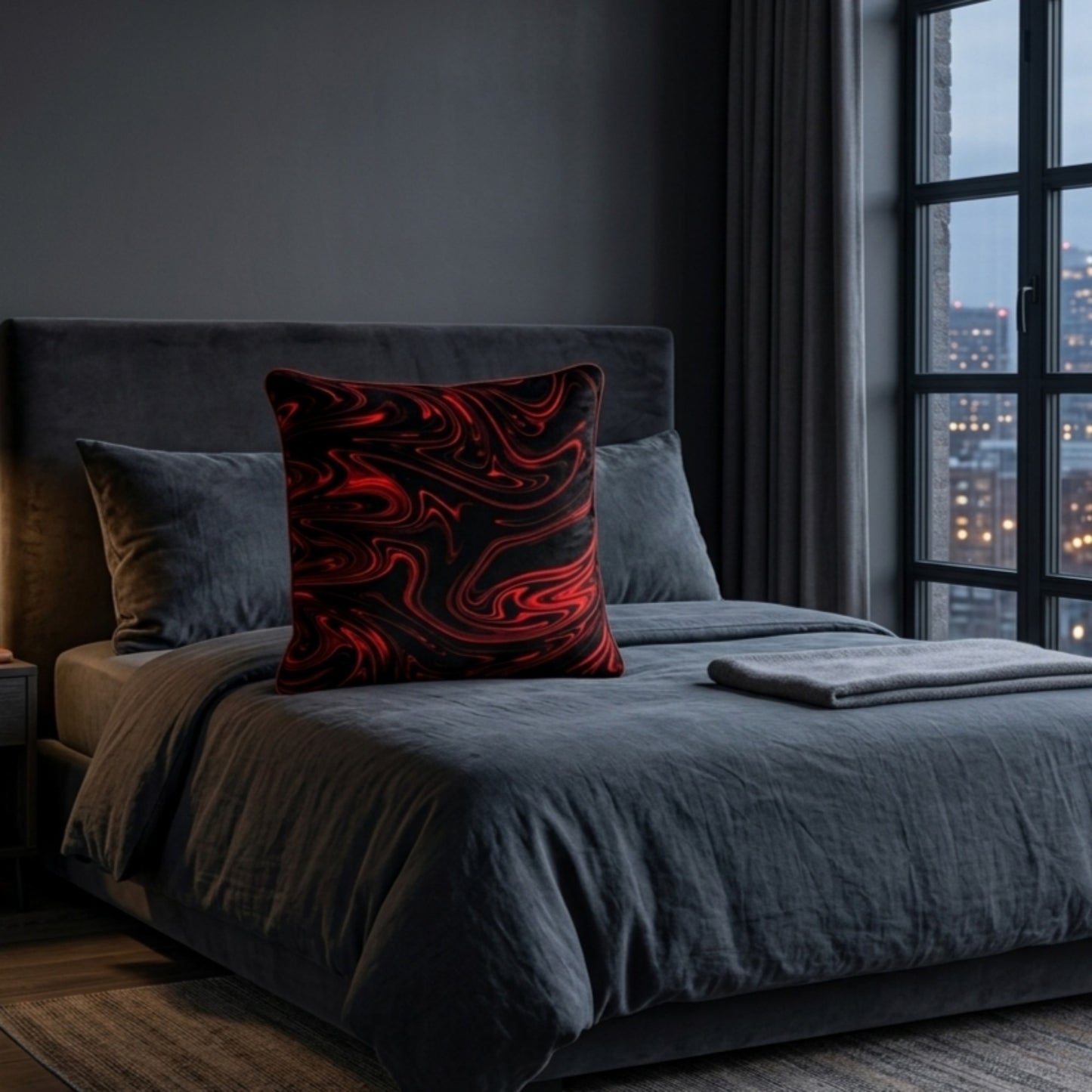 A moody, dark gray bedroom featuring a bed with a prominent black and red marble-patterned throw pillow as a focal point against a city window view.
