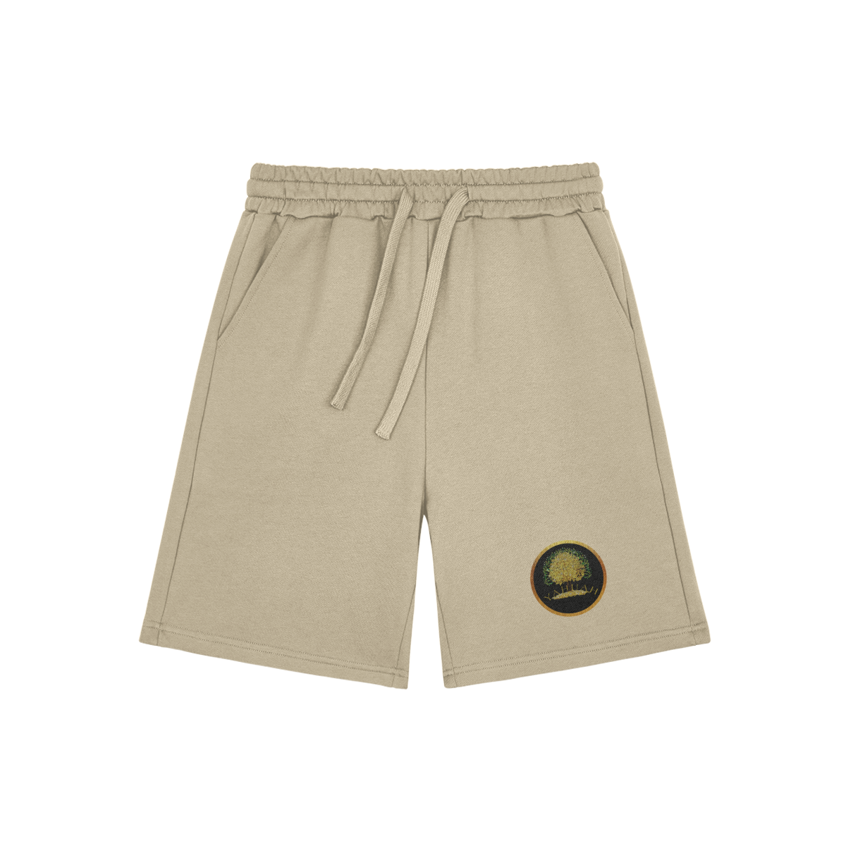 Front flat lay of beige-colored Yahuah: Tree of Life sweat shorts featuring a golden tree graphic on the left leg.