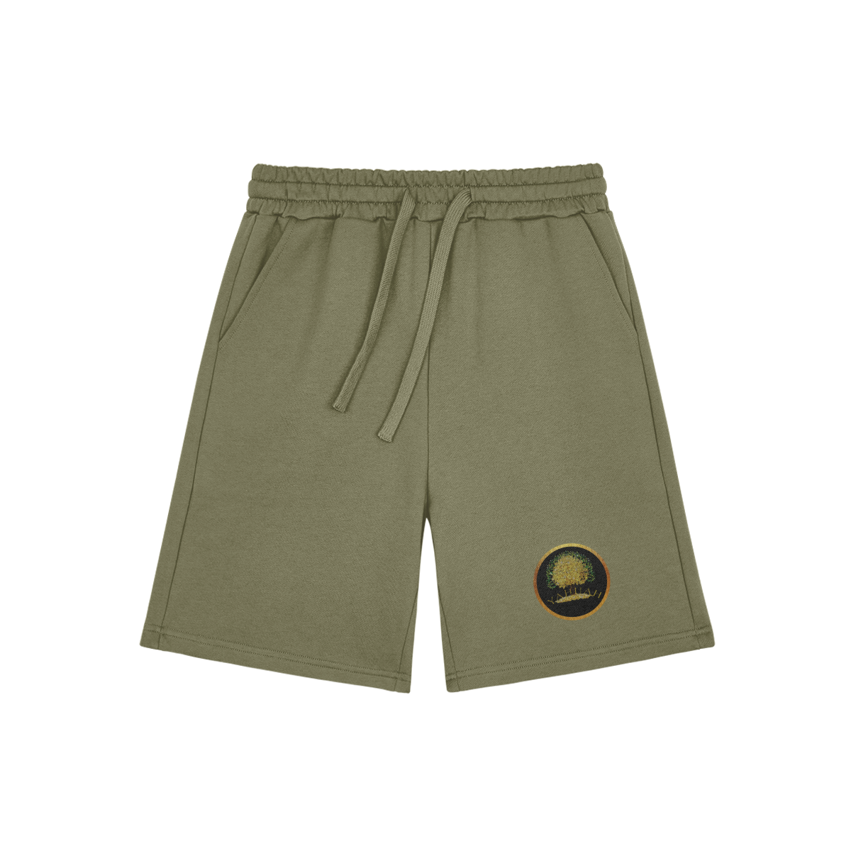 Flat lay of sage green Yahuah: Tree of Life sweat shorts featuring a golden tree emblem on the left leg against a white background.