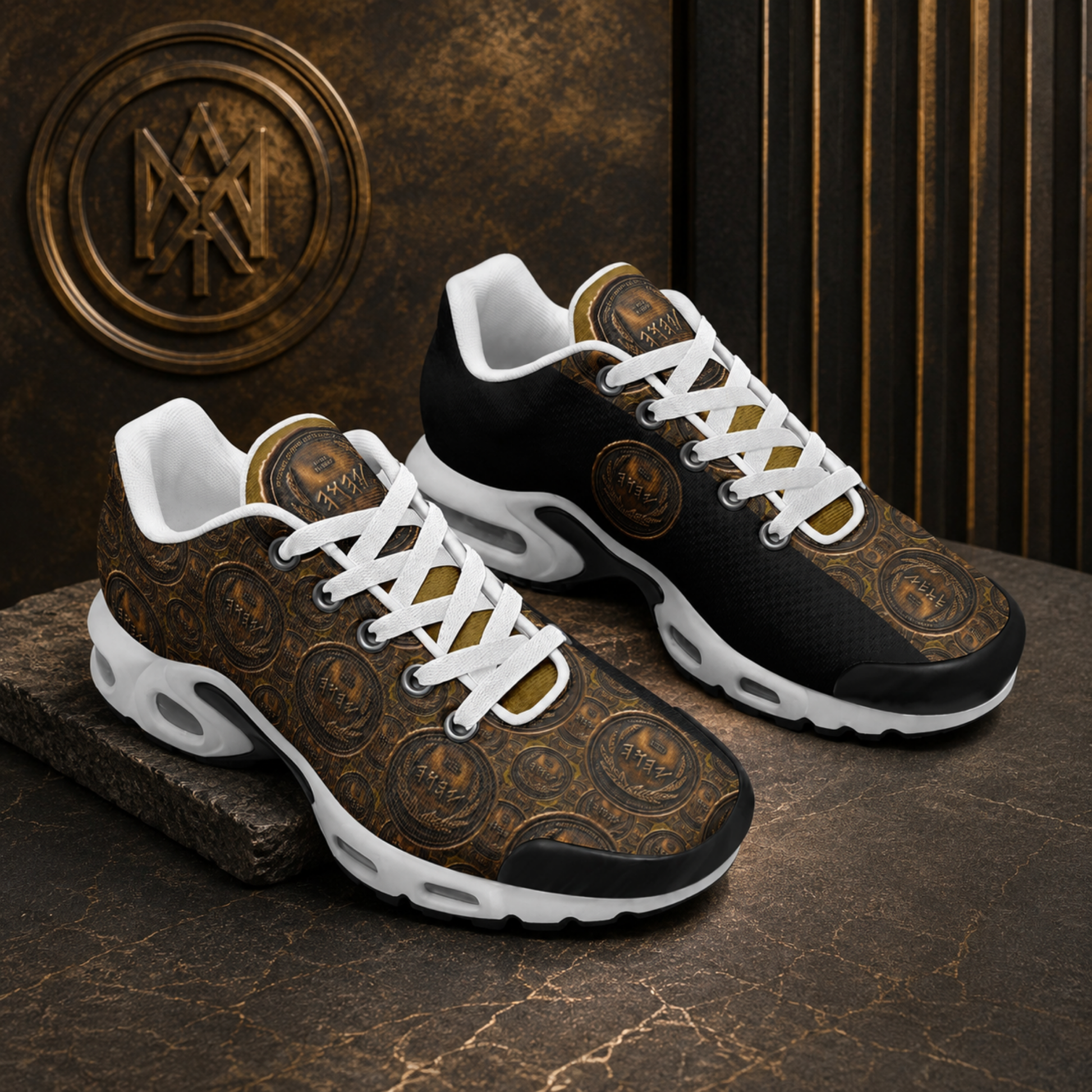 Unisex Mesh Tech Eco-Flex sneakers in an antiqued bronze coin pattern, displayed on a stone surface with a bronze emblem background.